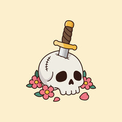 Floral Skull with Dagger A Charmingly Dark Vintage Illustration