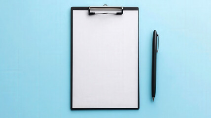 feedback survey response for statistics concept. Blank clipboard and pen on a blue background.