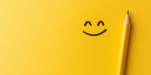 feedback survey response for statistics concept. Smiley face drawn on a bright yellow background with a yellow pencil.