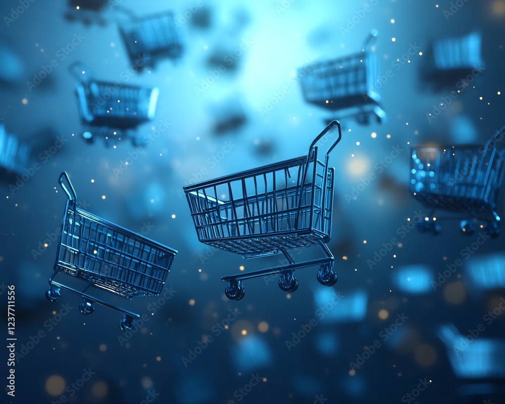 Poster Ecommerce concept with a bluetosilver gradient background, pixelated shopping cart motifs floating in a digital space, modern, futuristic design, ultrarealistic render