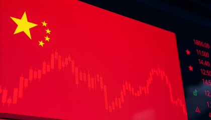 Chinese flag, rising arrow graph, economic growth, red background, golden stars, financial charts, upward trend, stock market visualization, national prosperity, vibrant colors, dynamic composition, d