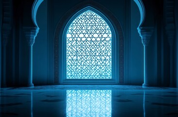Fototapeta premium A cinematic still of an Arabic window with geometric patterns glowing in blue light, set against a dark background, creating a mysterious and captivating atmosphere. 