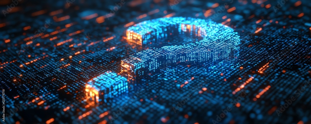 Aufkleber a 3d digital question mark surrounded by flowing binary code, representing ai question answering sys