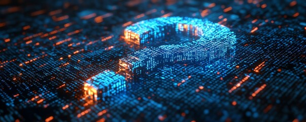 A 3D digital question mark surrounded by flowing binary code, representing AI question answering systems, data processing algorithms, ultrarealistic highdefinition clarity