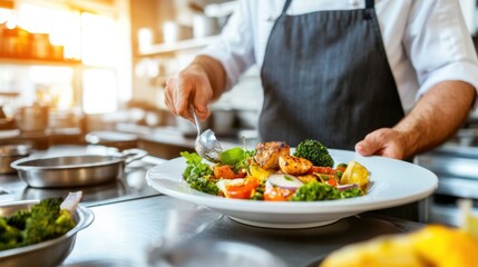 A chef elegantly plating a vibrant and colorful vegetable dish in a professional kitchen.
