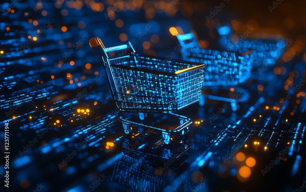 Poster A bluetosilver background with digital pixelated shopping carts, representing ecommerce and transactional elements, sleek futuristic design, ultrarealistic render