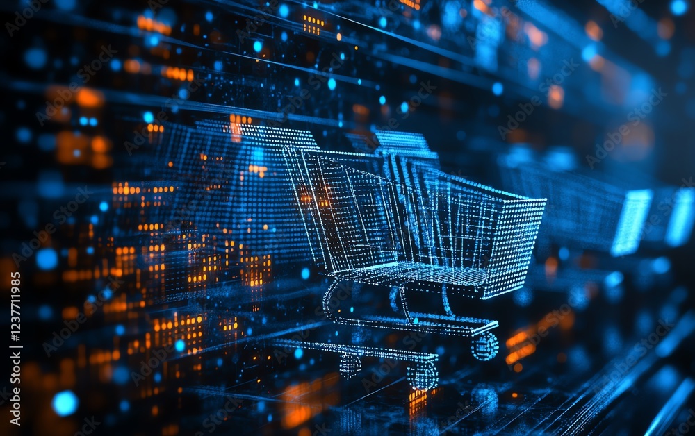 Poster A bluetosilver background with digital pixelated shopping carts, representing ecommerce and transactional elements, sleek futuristic design, ultrarealistic render