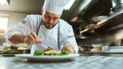 A chef meticulously plating a gourmet dish in a modern kitchen.