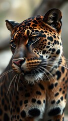 Naklejka premium Majestic panther with piercing gaze looking towards the left, powerful, stalking, wildlife