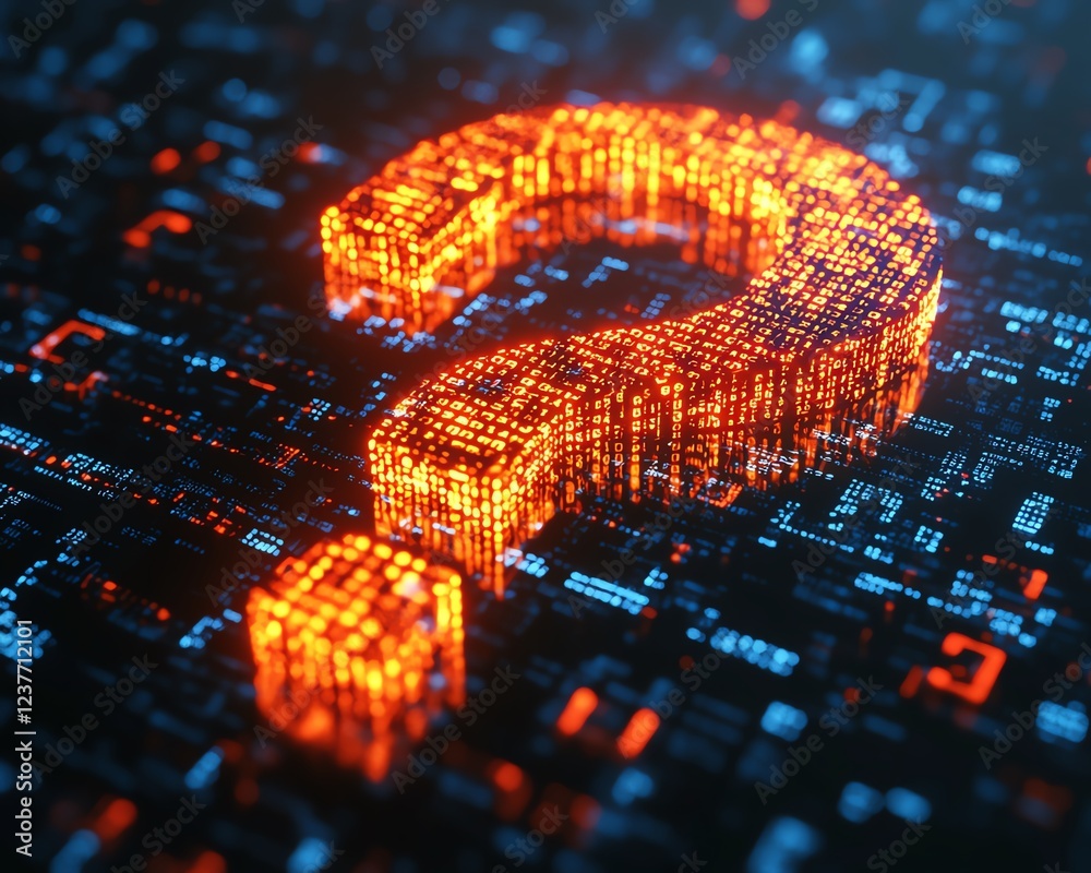 Poster A digital 3D question mark made of binary code, representing AIdriven question answering systems, futuristic technology, ultrarealistic 8K render
