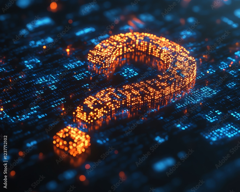 Poster A digital 3D question mark made of binary code, representing AIdriven question answering systems, futuristic technology, ultrarealistic 8K render