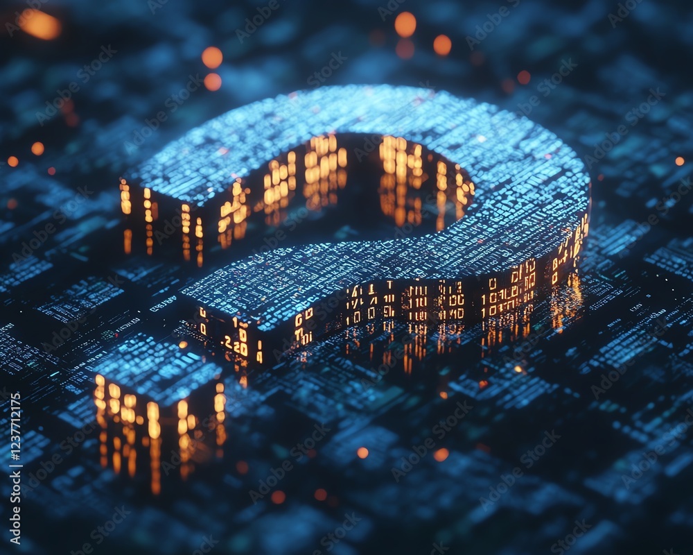 Poster A digital 3D question mark made of binary code, representing AIdriven question answering systems, futuristic technology, ultrarealistic 8K render