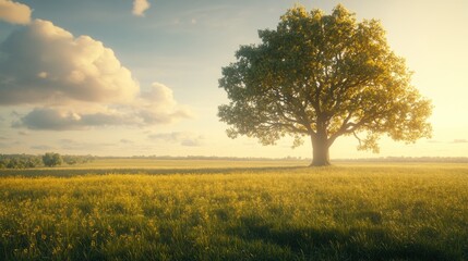 Fototapeta premium Lone tree sunset field nature serenity landscape idyllic