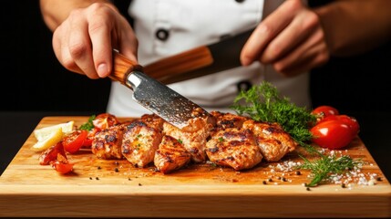 A chef skillfully slicing grilled chicken on a wooden cutting board with fresh herbs.