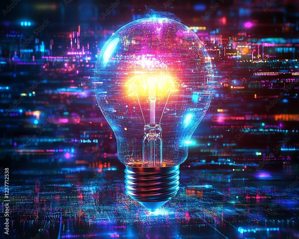 Aufkleber a glowing light bulb as a metaphor for a smart idea, surrounded by abstract digital elements, symbol