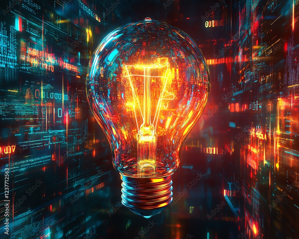 Aufkleber a glowing light bulb as a metaphor for a smart idea, surrounded by abstract digital elements, symbol