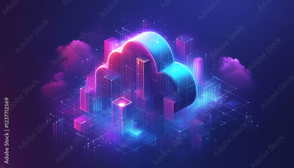 Poster abstract illustration of cloud security services, a stylized cloud icon with a secure padlock symbol