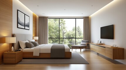 Modern minimalistic bedroom design featuring natural light and elegant wooden furniture with stylish decor accents