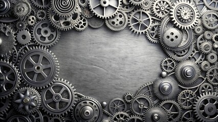 Metallic grey surface with intricate patterns of interlocking gears, mechanical, machinery, gear