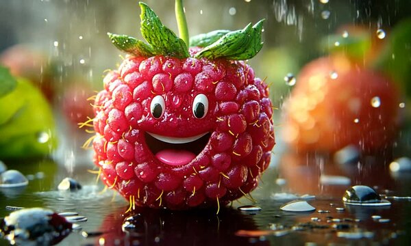 A cheerful raspberry character with a smiling face amidst a refreshing splash of water, surrounded by lush greenery and other berries in a vibrant outdoor setting