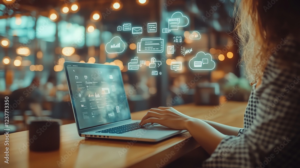Poster A digital workspace with a person using a laptop, cloud storage icons and floating file pages on the screen, hightech background, sleek design, ultrarealistic 8K render