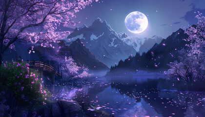 Obraz premium The moon is large and round, the purple sky sprinkled with stars like scales. There is an arched bridge on both sides of it, surrounded by mountains in pink, with cherry blossoms blooming