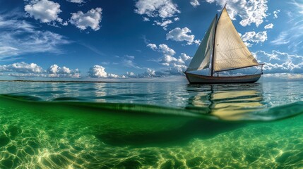 Obraz premium Sailboat cruising calm sea, sunny sky, underwater view, travel poster