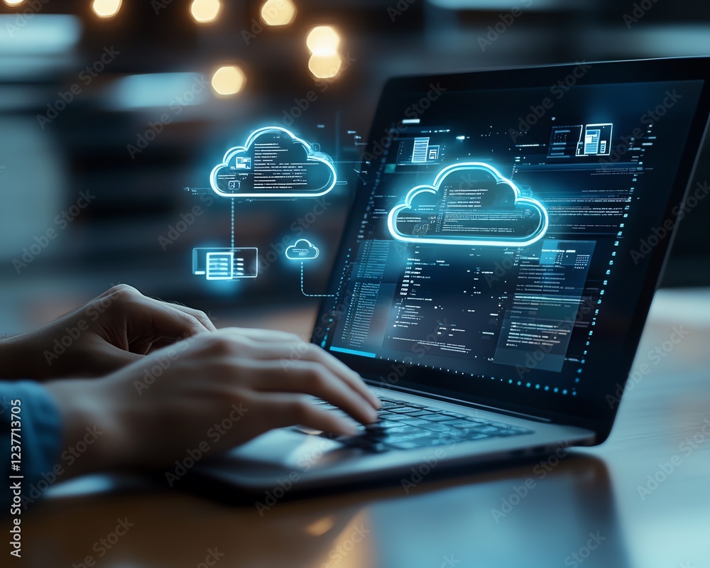 Leinwandbilder A person using a laptop, with cloud storage icons on the screen and floating file pages in the background, modern office setting, digital interface, ultraHD clarity