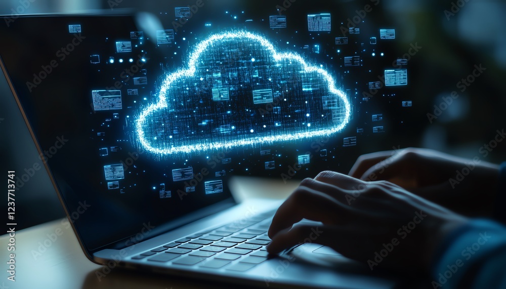 Poster A person using a laptop in a digital workspace, with cloud storage icons displayed and floating file pages in the background, sleek design, modern tech environment, ultraHD quality
