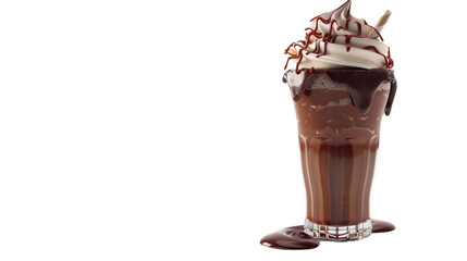 Chocolate milkshake overflowing with whipped cream and chocolate sauce on transparent background
