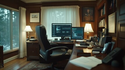 A modern office setup featuring dual screens and warm wooden accents.