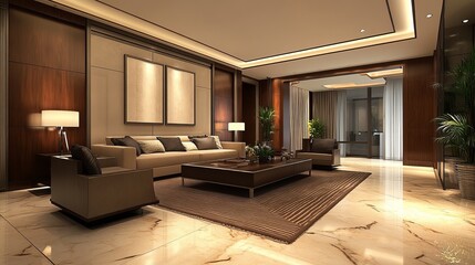 Fototapeta premium Luxurious Living Room With Beige And Brown Furniture, Hardwood Floors, And Modern Artwork. The Room Is Spacious And Well-Lit, Creating A Calm And Sophisticated Atmosphere.