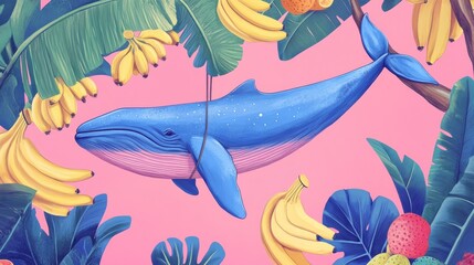 Fototapeta premium A blue whale is hanging from the tree, surrounded by bananas and other fruits. The background has a pink color with an illustrative style