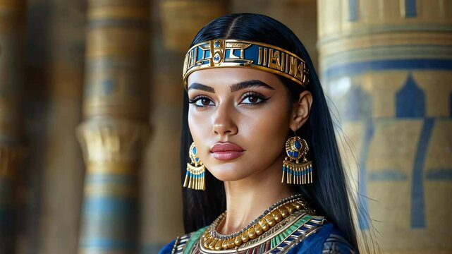  woman wearing ancient Egyptian attire at historical site with hieroglyphic on wall