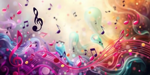 Fototapeta premium Musical notes and colors blend together to form an otherworldly visual landscape, pattern, guitar