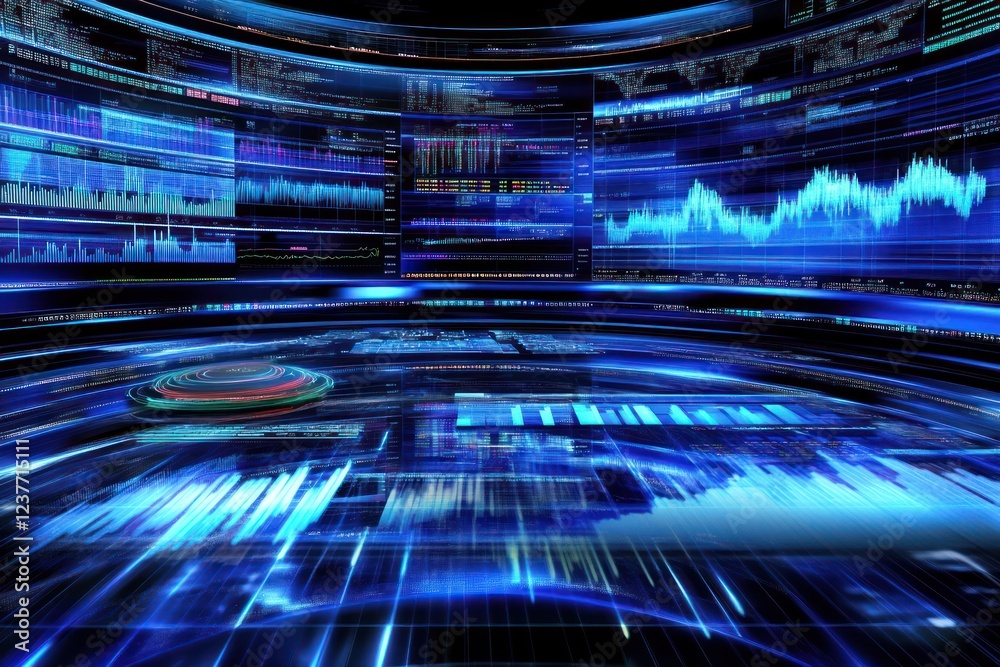 Poster futuristic data visualization studio with digital graphs and charts
