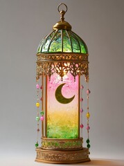 Obraz premium An Eid lantern with green, pink, and yellow colors on a white background. In the center of its base is an Islamic crescent moon symbol. There are also some beads hanging from it. 