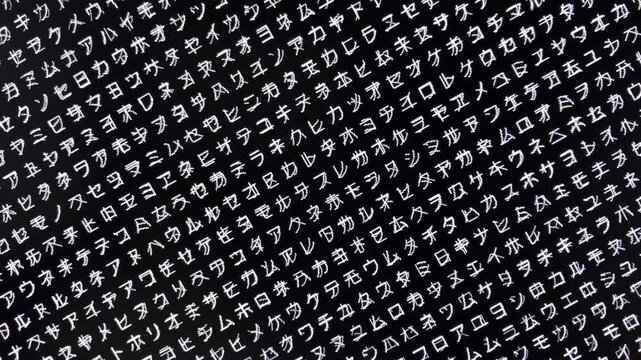 コンピュータ空間のランダムな文字列・さまざまな文字を含むデータベース・エンコードされたプログラム内のデータセット・数学的計算・大規模言語モデル・機械翻訳・カタカナ・日本語・横長・ビデオ