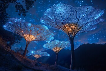 Obraz premium Illuminated Trees Under a Starlit Night Sky