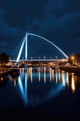 Naklejka premium Nighttime reflections on the sail bridge over tawe river marina, silver light, nighttime, swansea bay