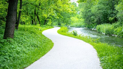 Naklejka premium Winding path beside river, lush green park, summer