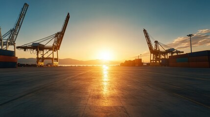 Obraz premium A stunning sunset view over a shipping yard filled with cranes and containers.