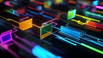 Colorful neon circuit board data flow technology background