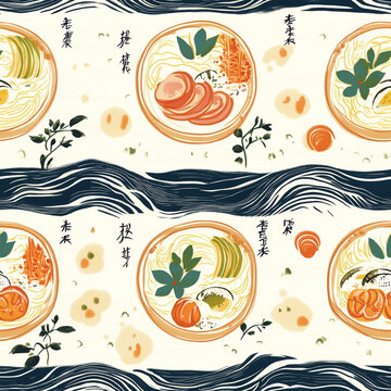 seamless pattern with noodles bowl in Japanese style.