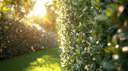 Obraz premium Sunlit hedge, garden, blooming flowers, summer, nature background, landscaping