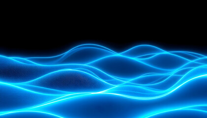 Abstract blue waves, glowing energy, flowing lines, electric blue, black background, luminous trails, dynamic motion, ethereal light, smooth curves, futuristic design, digital art, neon effect, sleek 