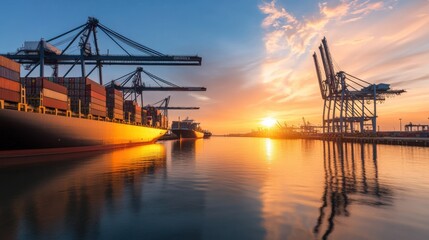 Obraz premium Cargo ships and cranes silhouetted against a colorful sunset at the harbor.