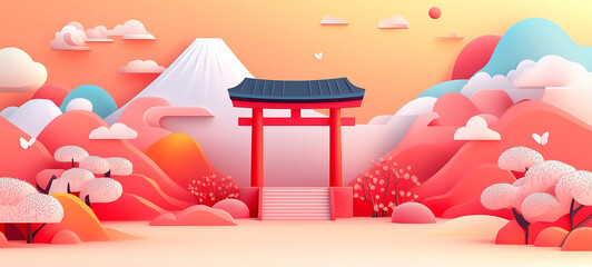 Japanese shrine in the morning with mountain, tree and natural elements.