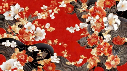 Red Black Gold Floral Pattern Japanese Asian Art Design