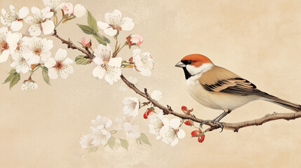Bird on a branch of cherry blossom flower in Chinese style. 